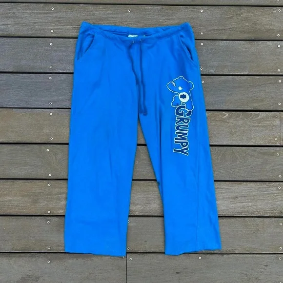 Y2K Blue Care Bear Capri Sweatpants w/ Grumpy Care Bear Graphic and Drawstring - Picture 2 of 7